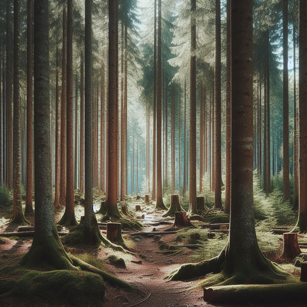 Dibujo de un bosque con algunos árboles talados